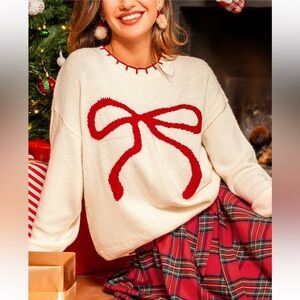 CupsheWomen's Festive Red Bow Sweater